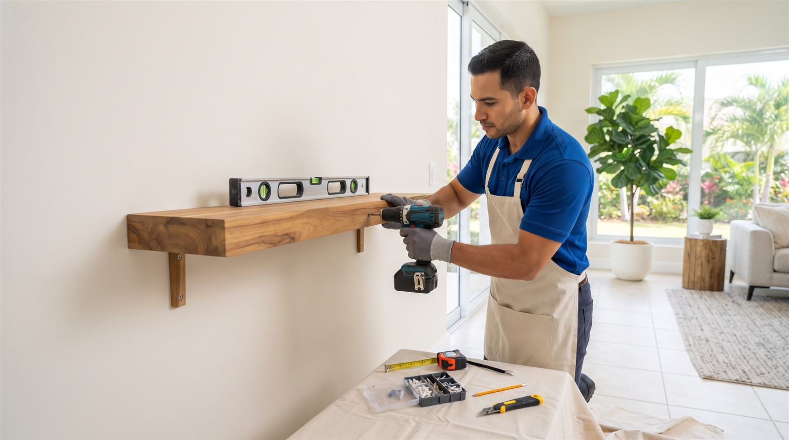 Handyman instalando una repisa de madera con taladro