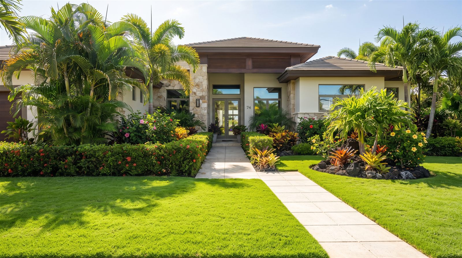 Jardín residencial recién cortado y orillado en una casa de Puerto Rico
