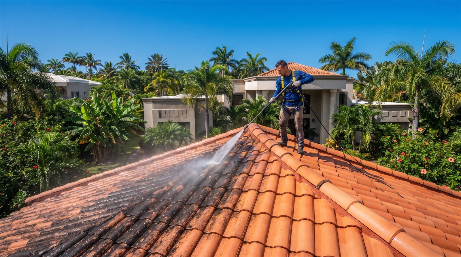 Trabajador lavando a presión las tejas de un techo residencial